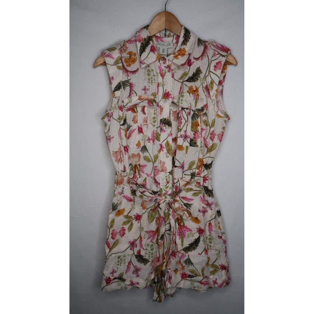 Rachel Zoe Floral Romper Belted Button Front Sleeveless Linen Women's 2 Boho EUC